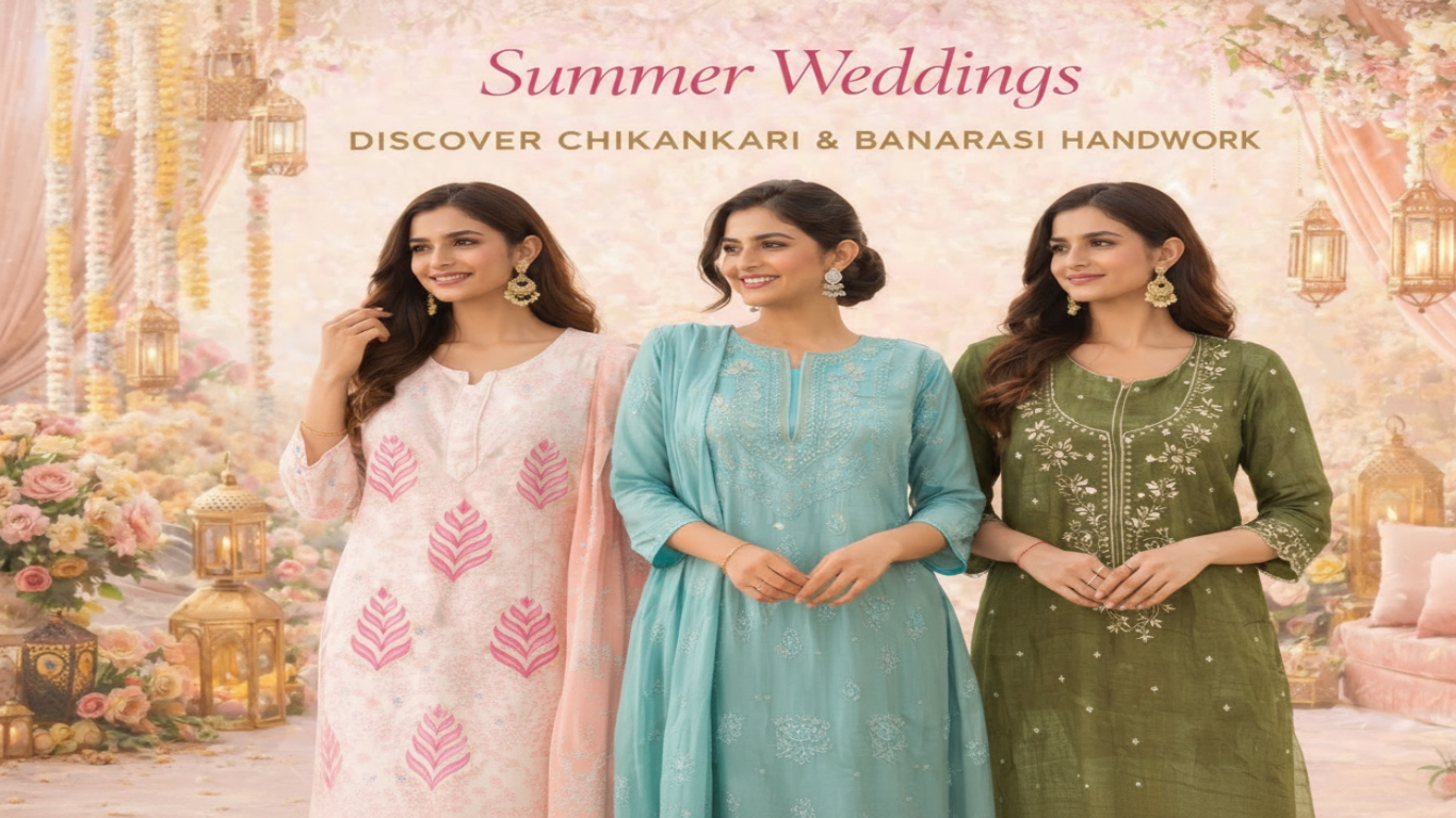 Three women in embroidered dresses with a 'Shop Now' button and text about Chikankari and Banarasi handwork.