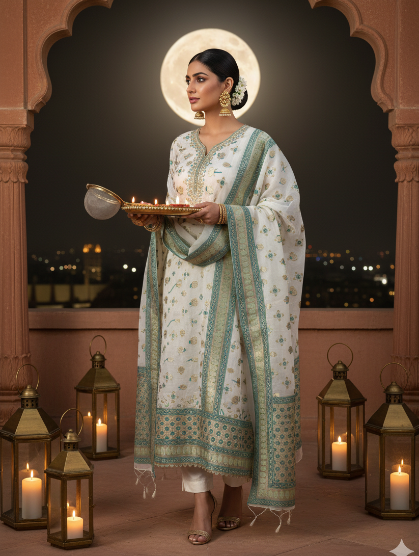 White Dark Green Banarasi Muslin Cotton Suit Set