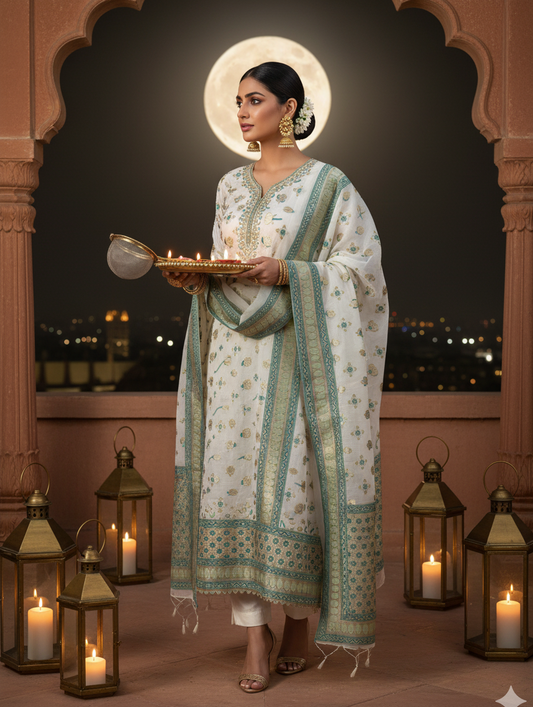 White Dark Green Banarasi Muslin Cotton Suit Set