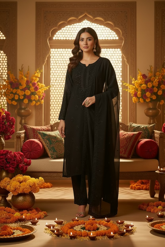 Black Viscose Chikankari Kurta Pant Set