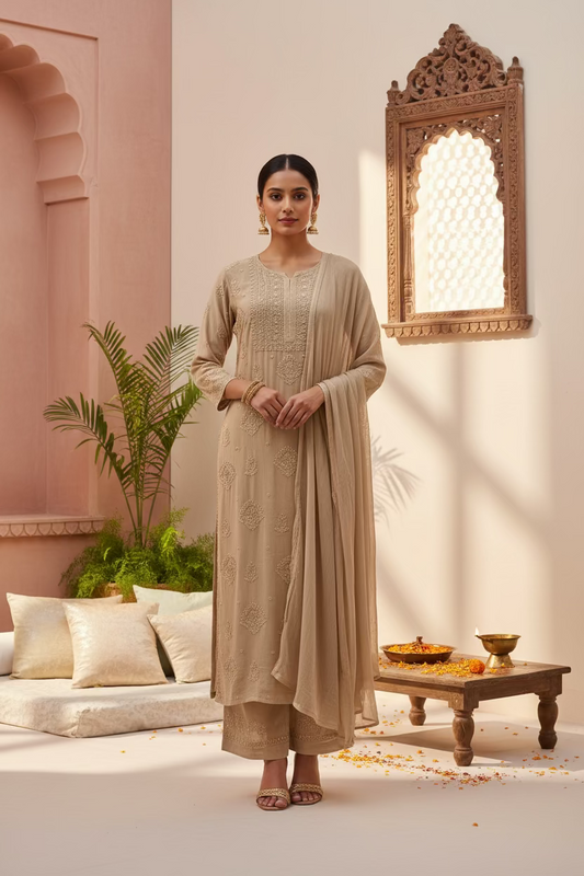 Biege Viscose Chikankari Kurta Pant Set