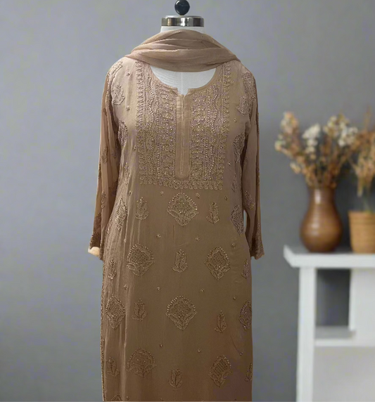 Biege Viscose Chikankari Kurta Pant Set