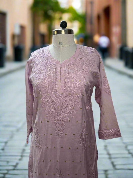 Lavender Chikankari Chanderi Kurta Pant Set