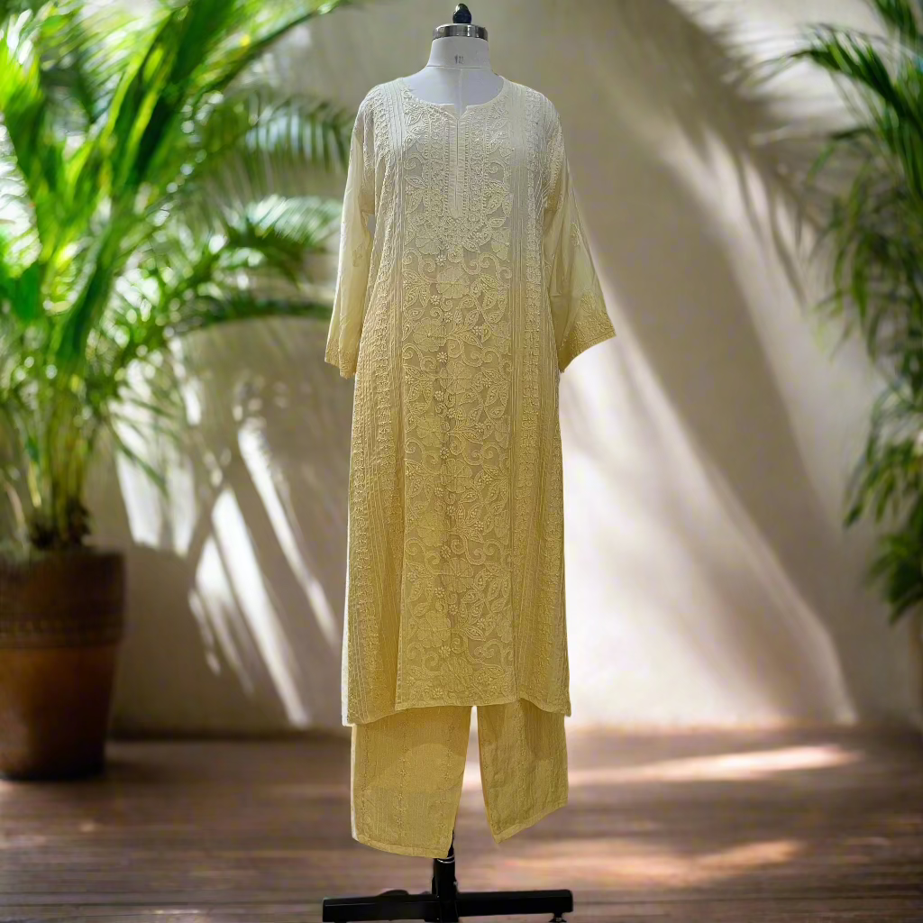 Yellow Ombre Muslin Pintuck Chikankari Kurta Set
