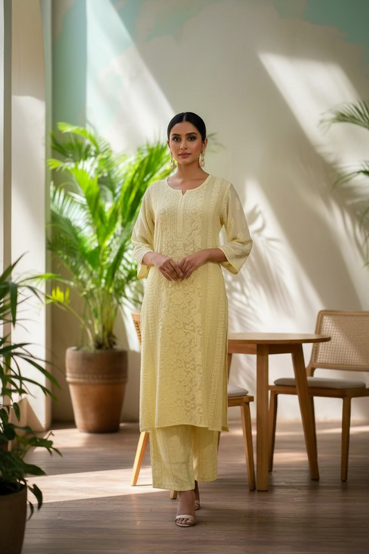 Hand-embroidered Chikankari Pure muslin Stitched Kurta Set in ombre yellow for women – Lajjaa.
