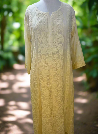 Yellow Ombre Muslin Pintuck Chikankari Kurta Set