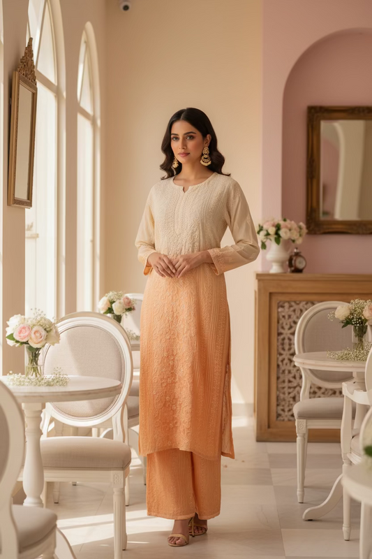  Hand-embroidered Chikankari Pure Muslin Stitched Kurta Set in Soft orange ombre for women – Lajjaa