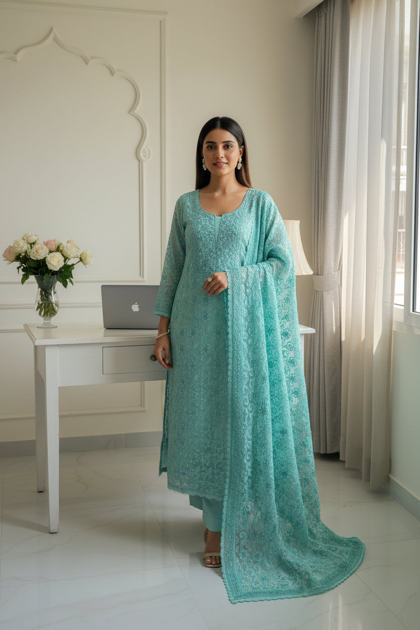 Cyan Chikankari Kota Appliqué Work Suit Set