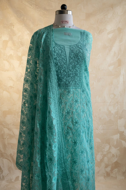 Cyan Chikankari Kota Appliqué Work Suit Set