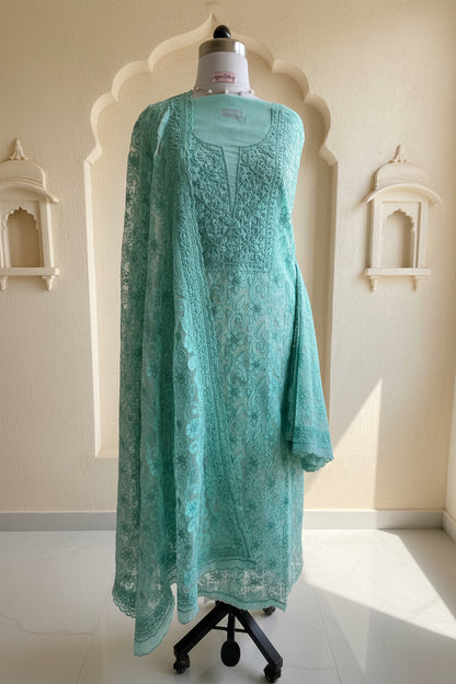 Cyan Chikankari Kota Appliqué Work Suit Set