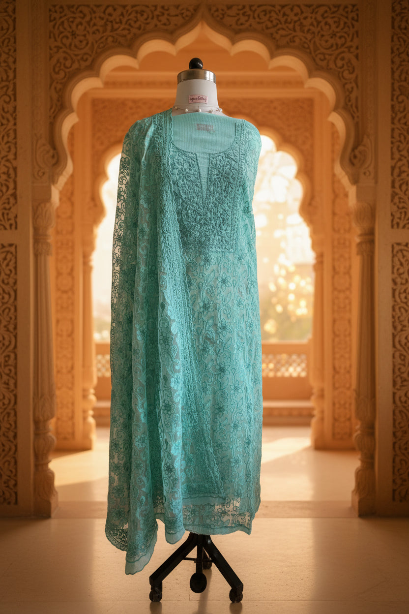 Cyan Chikankari Kota Appliqué Work Suit Set
