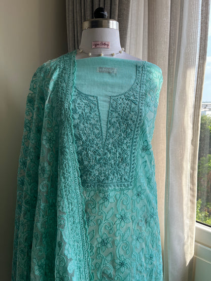 Cyan Chikankari Kota Appliqué Work Suit Set