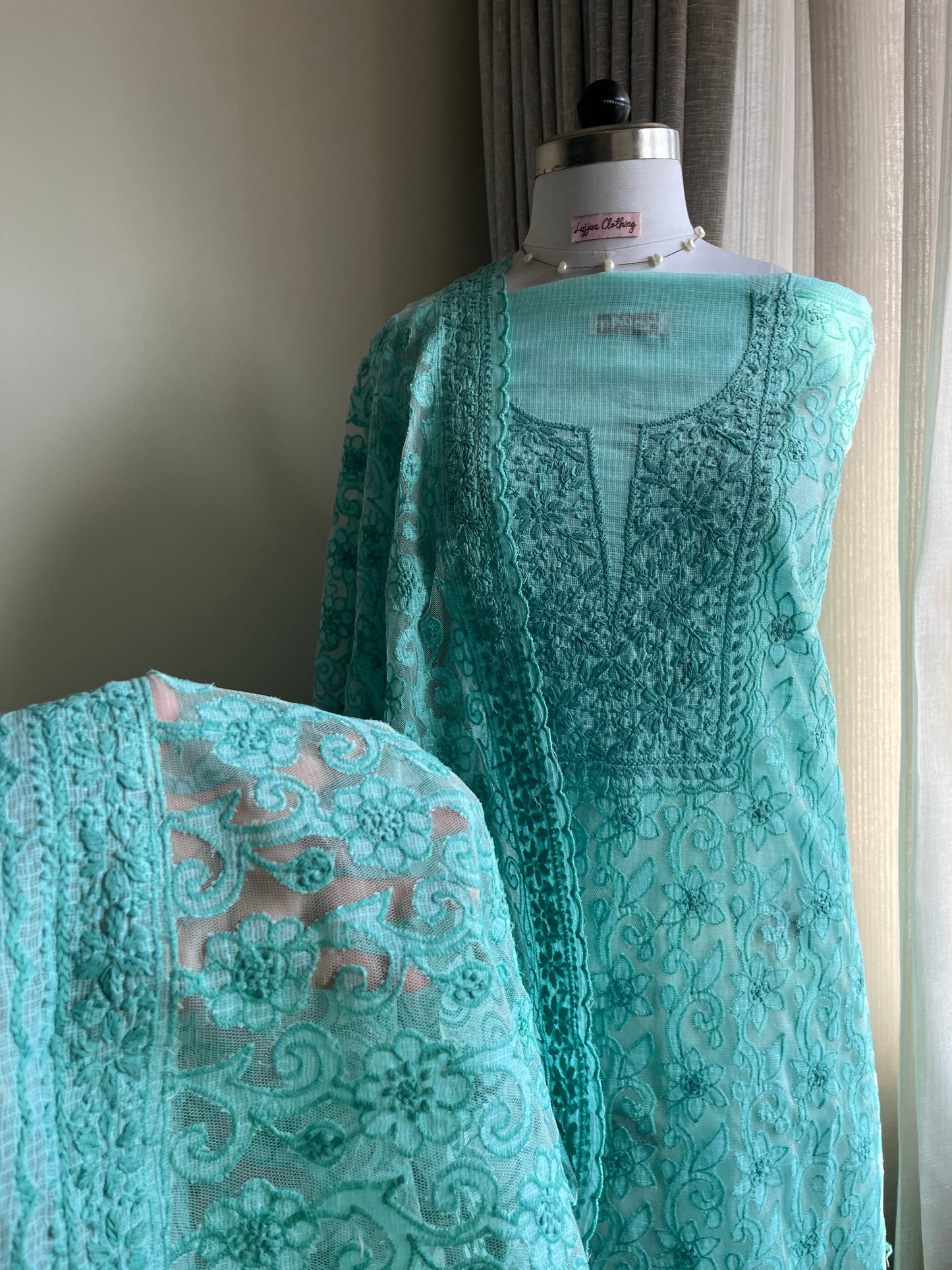Cyan Chikankari Kota Appliqué Work Suit Set
