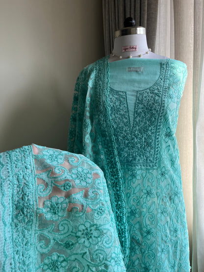 Cyan Chikankari Kota Appliqué Work Suit Set