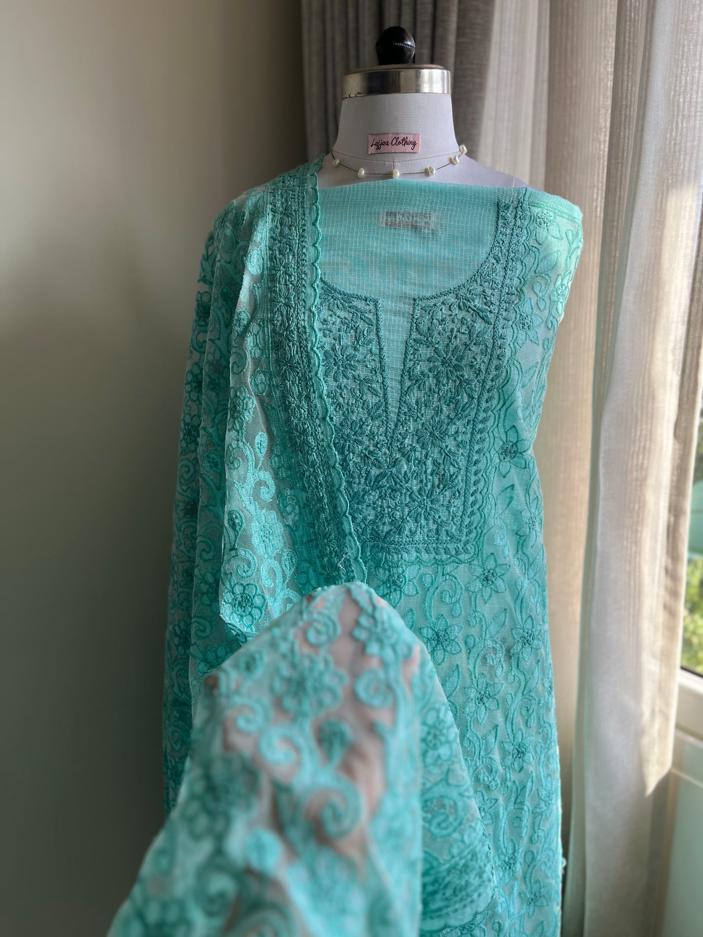Cyan Chikankari Kota Appliqué Work Suit Set