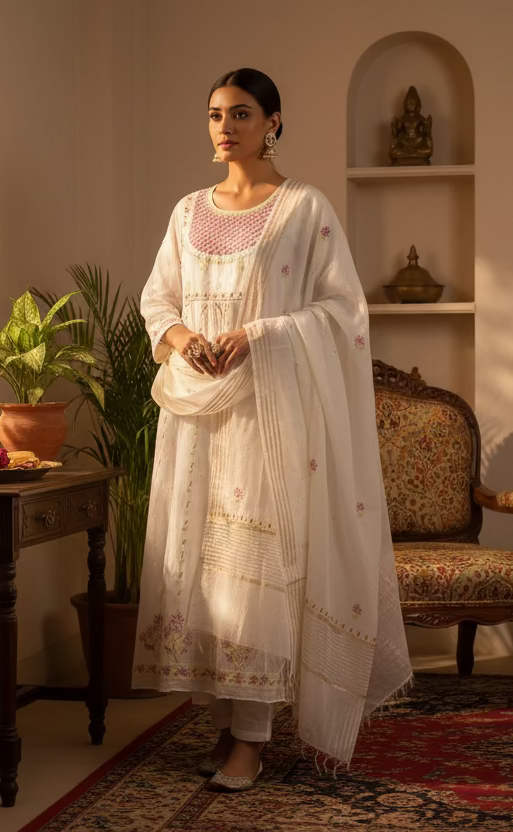 Semi-Stitched Pink Mul Chanderi Chikankari Kurta