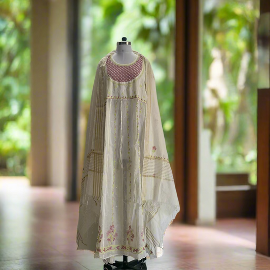 Semi-Stitched Pink Mul Chanderi Chikankari Kurta