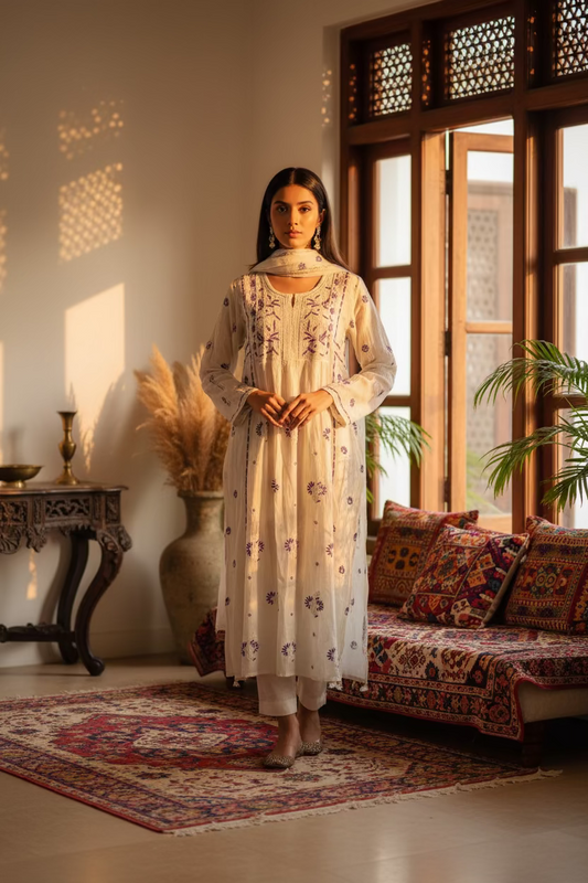 Long floral dress on a mannequin against a plain background