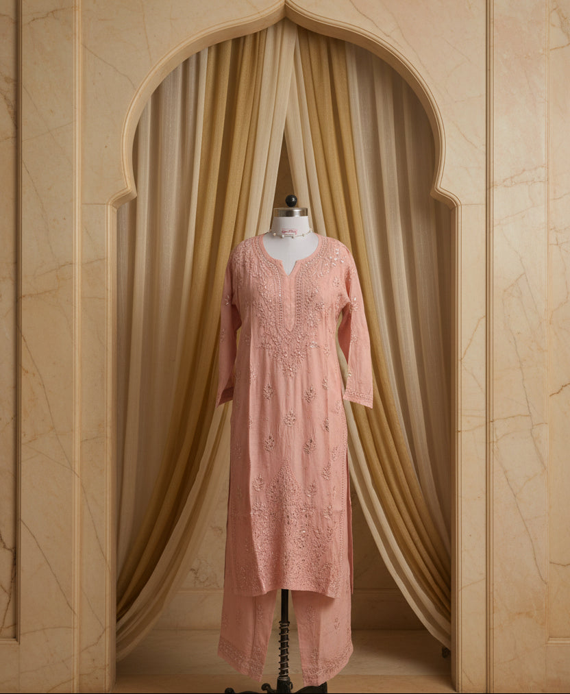 Lacto Pink Gottapatti Chikankari Kurta Pant Set