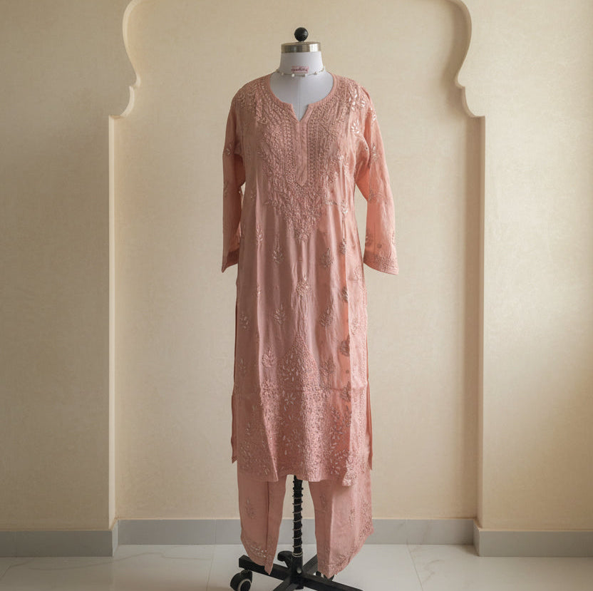 Lacto Pink Gottapatti Chikankari Kurta Pant Set