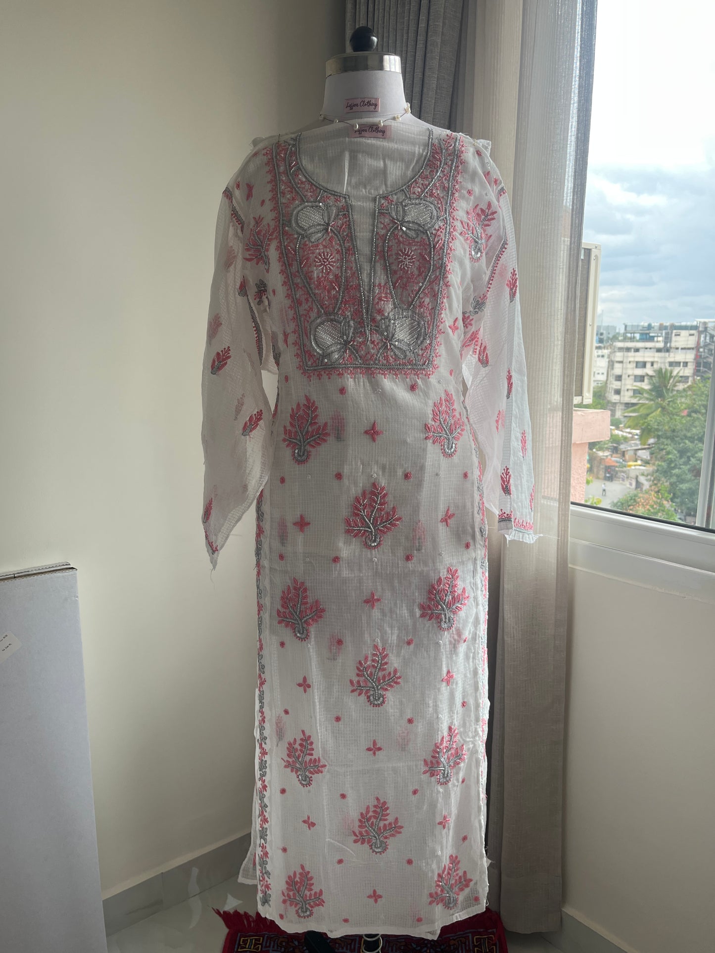 Kota Doriya Semi-Stitched Kurta in Grey and Pink