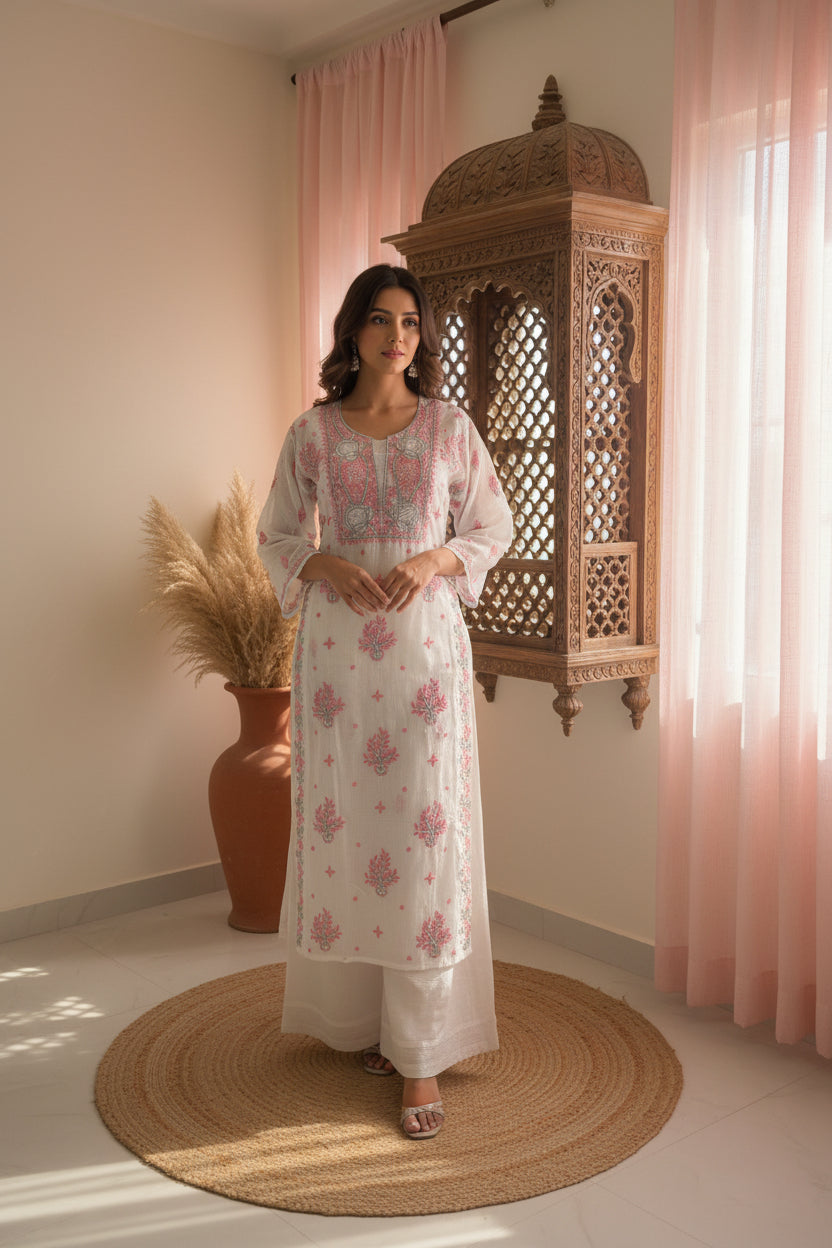 A white long kurta with pink and gray floral chikankari embroidery