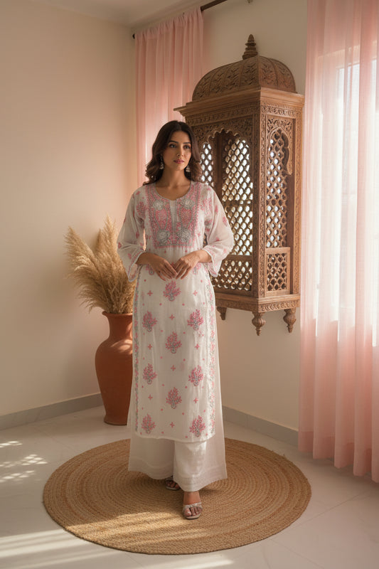A white long kurta with pink and gray floral chikankari embroidery