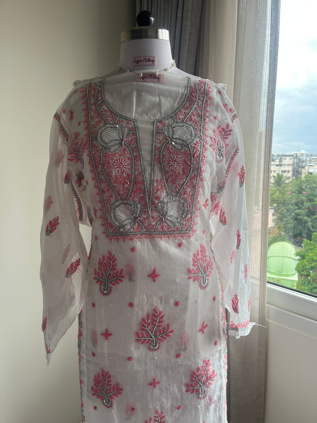 Kota Doriya Semi-Stitched Kurta in Grey and Pink