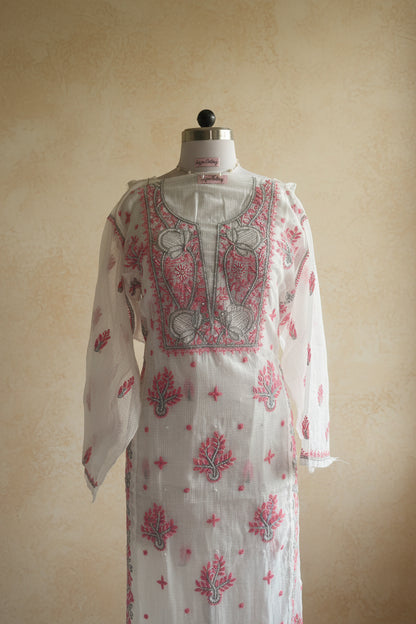 Kota Doriya Semi-Stitched Kurta in Grey and Pink