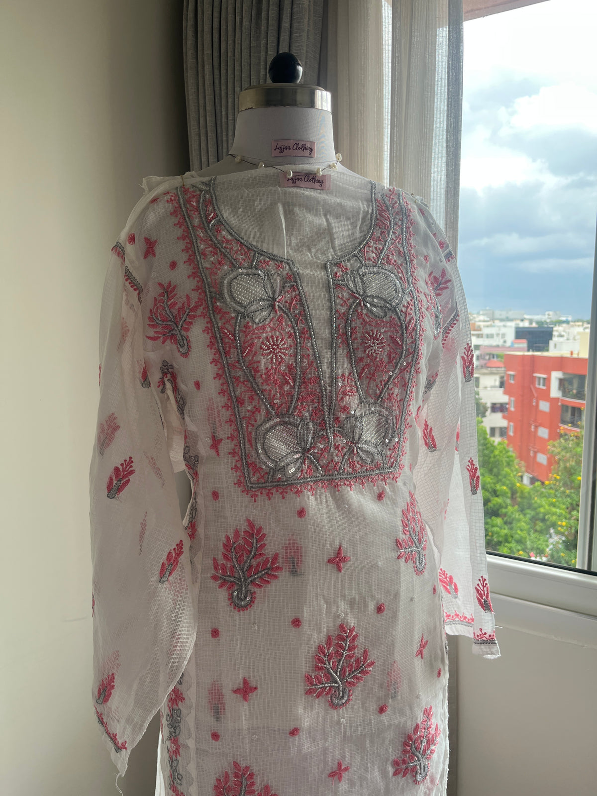 Kota Doriya Semi-Stitched Kurta in Grey and Pink