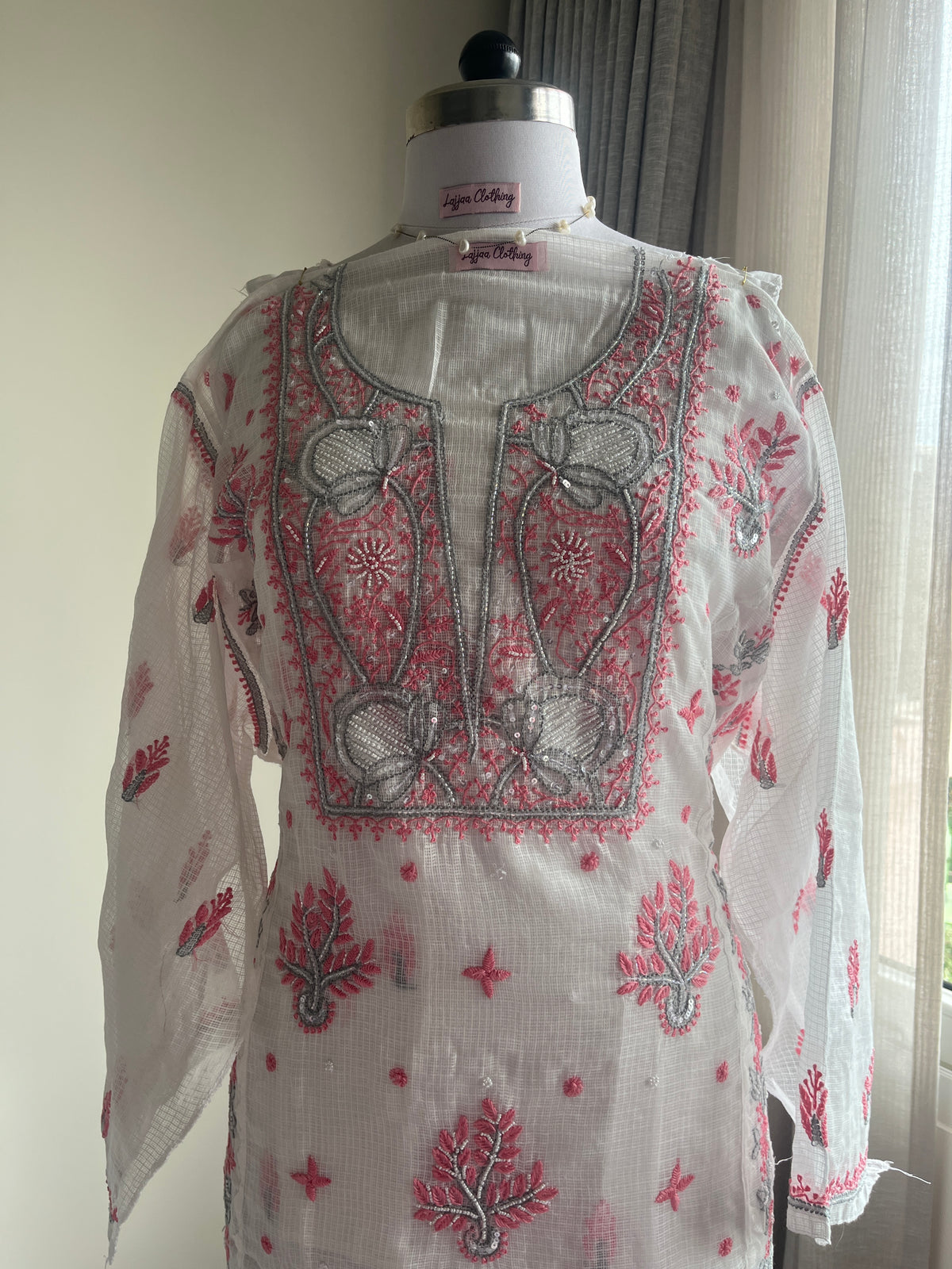 Kota Doriya Semi-Stitched Kurta in Grey and Pink