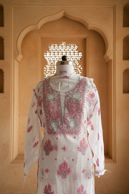 Kota Doriya Semi-Stitched Kurta in Grey and Pink