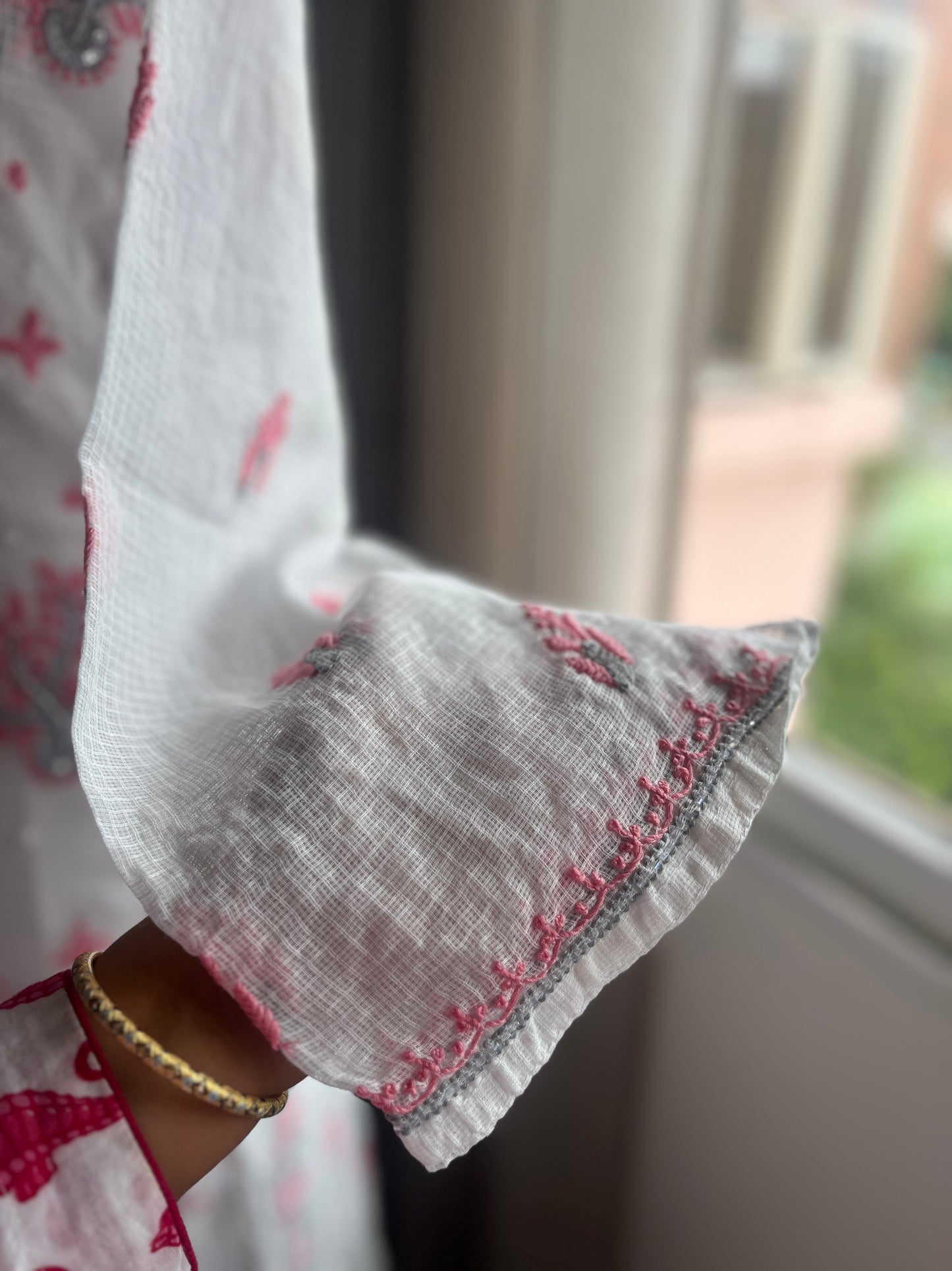 Kota Doriya Semi-Stitched Kurta in Grey and Pink