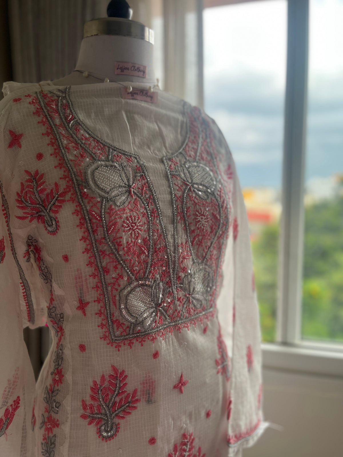 Kota Doriya Semi-Stitched Kurta in Grey and Pink