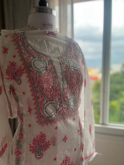 Kota Doriya Semi-Stitched Kurta in Grey and Pink