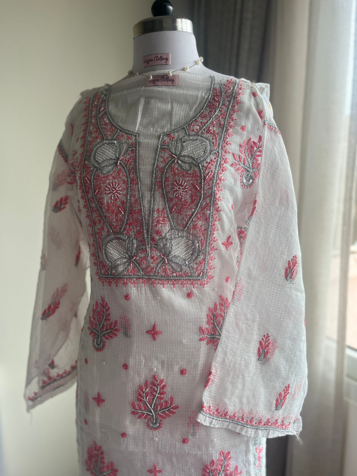 Kota Doriya Semi-Stitched Kurta in Grey and Pink