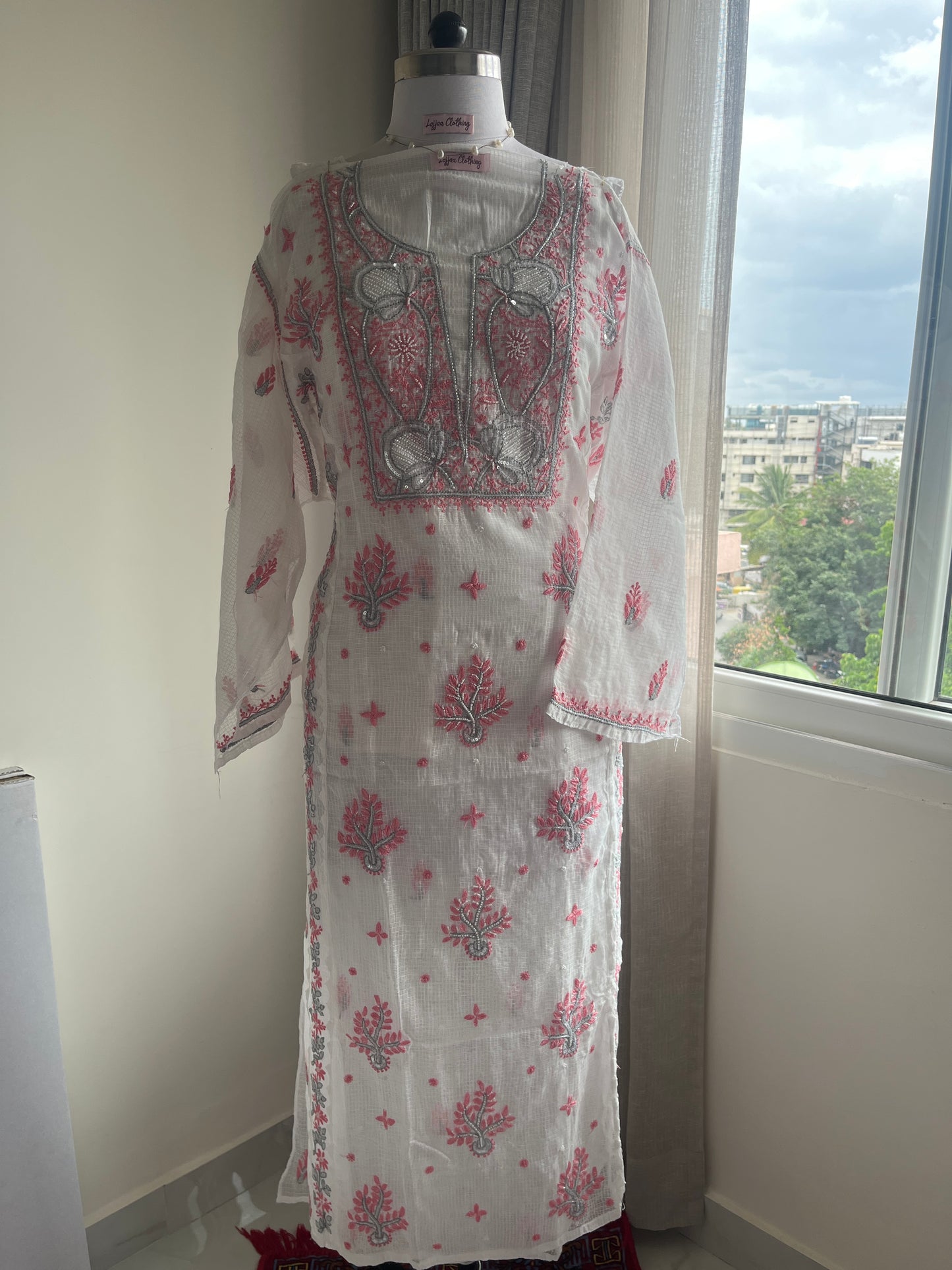 Kota Doriya Semi-Stitched Kurta in Grey and Pink