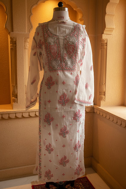 Kota Doriya Semi-Stitched Kurta in Grey and Pink