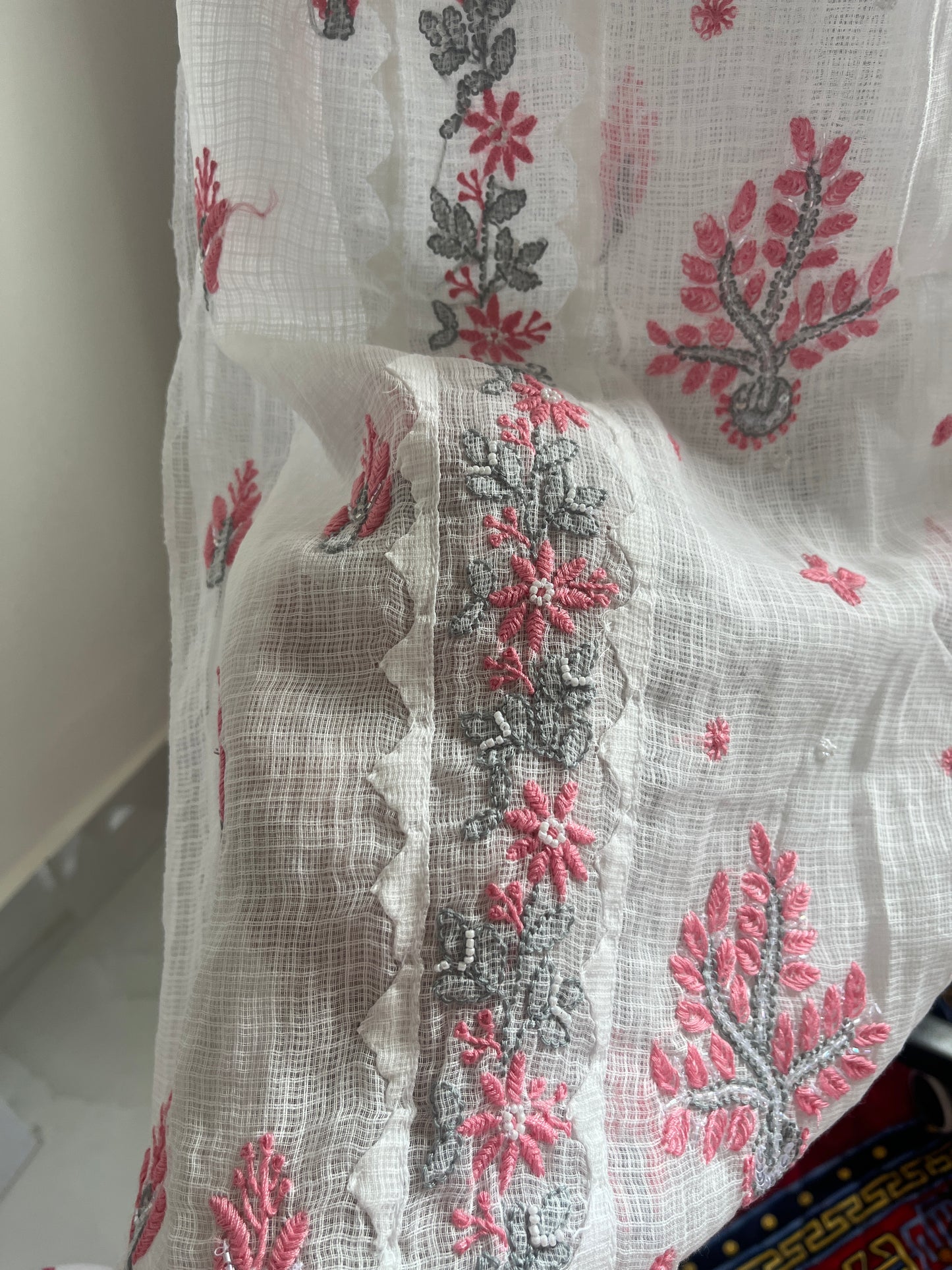 Kota Doriya Semi-Stitched Kurta in Grey and Pink