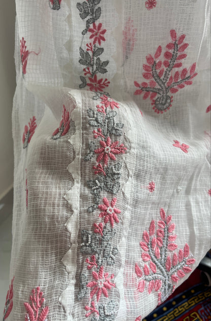 Kota Doriya Semi-Stitched Kurta in Grey and Pink