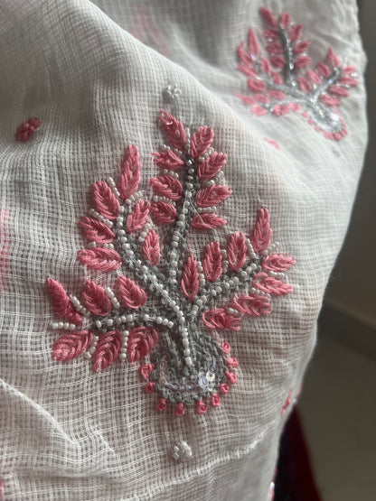 Kota Doriya Semi-Stitched Kurta in Grey and Pink