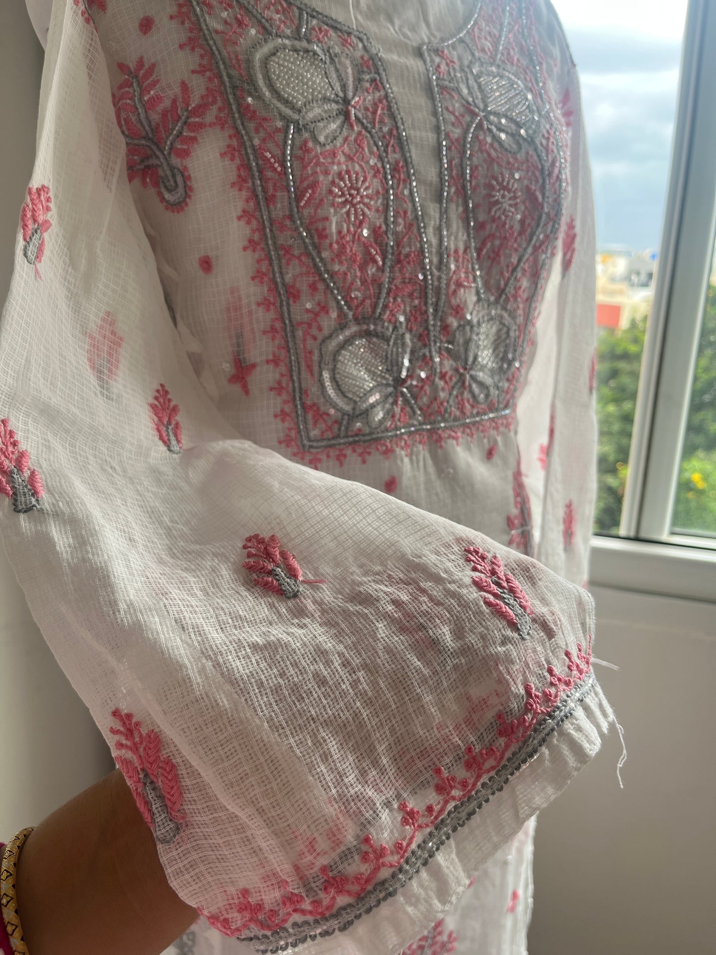 Kota Doriya Semi-Stitched Kurta in Grey and Pink