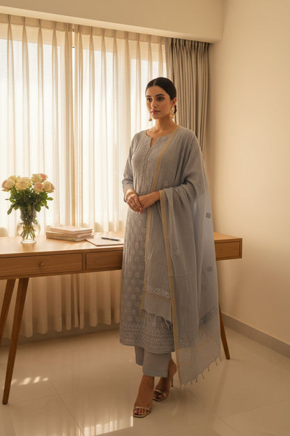 Dark Grey Mul Cotton Chikankari Suit Set