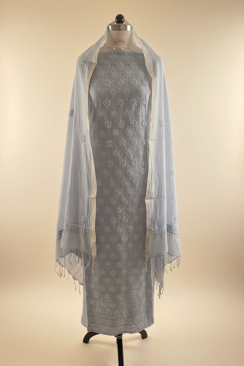 Dark Grey Mul Cotton Chikankari Suit Set