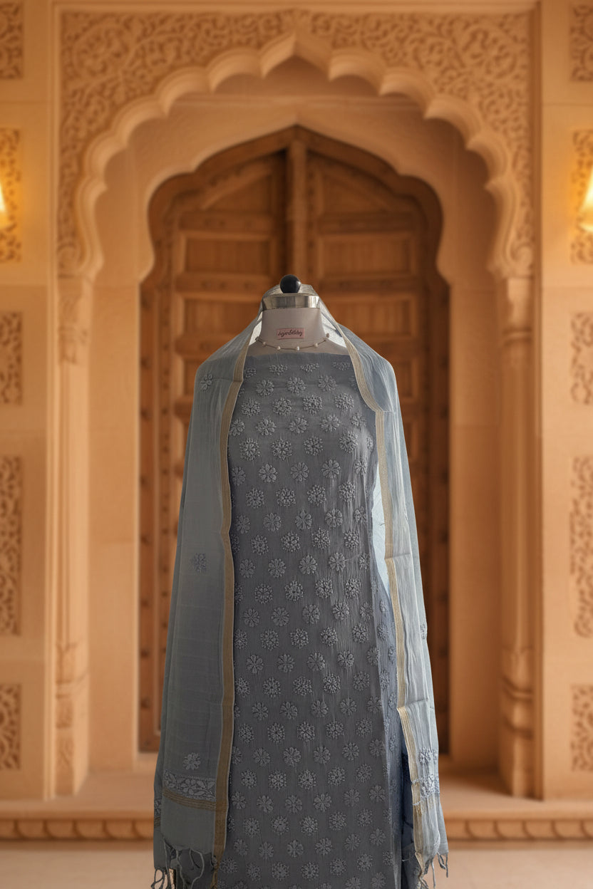 Dark Grey Mul Cotton Chikankari Suit Set
