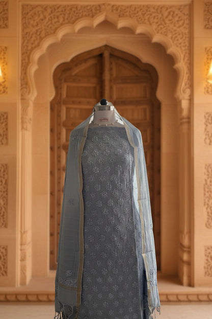 Dark Grey Mul Cotton Chikankari Suit Set