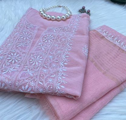 Lacto Pink Mul Chanderi Chikankari Suit Set