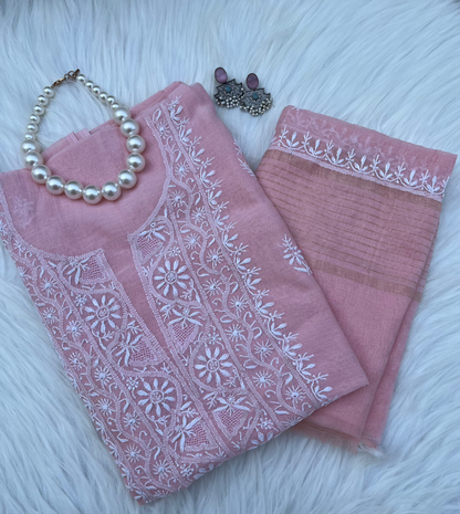 Lacto Pink Mul Chanderi Chikankari Suit Set