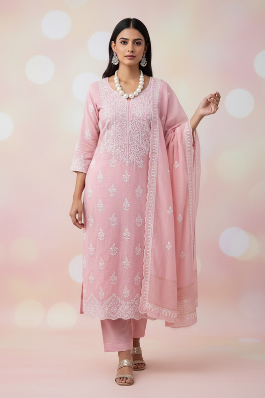 Lacto Pink Mul Chanderi Chikankari Suit Set