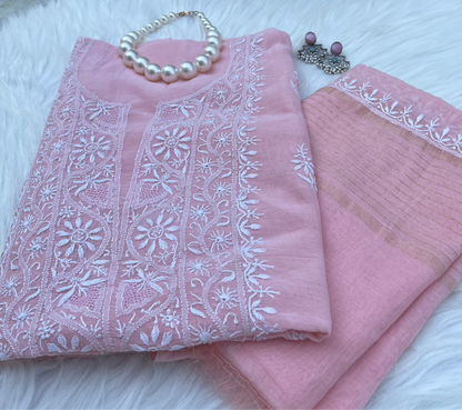 Lacto Pink Mul Chanderi Chikankari Suit Set